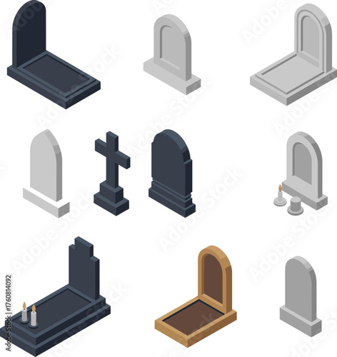 Isometric illustration of various gravestones and tombstones, cemetery headstones with candles and crosses, funeral memorial collection for Halloween or mourning concepts