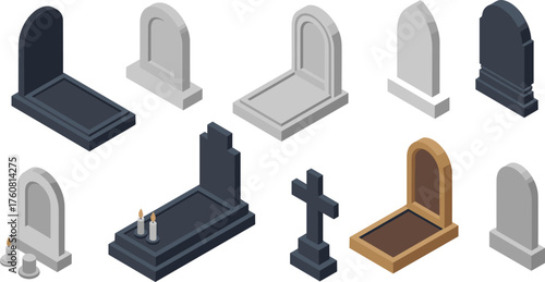 isometric gravestones set, 3d cemetery headstones collection, tombstone vector illustration, cross monument, memorial stones, grave markers, funeral design elements, halloween decor