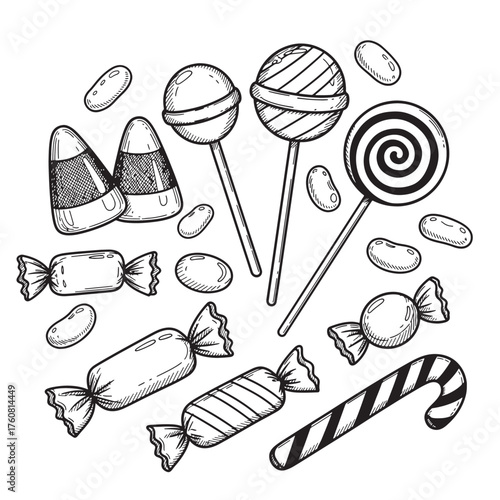 Hand-drawn candy illustration assorted sweets and lollipops vector design for Halloween or party dec