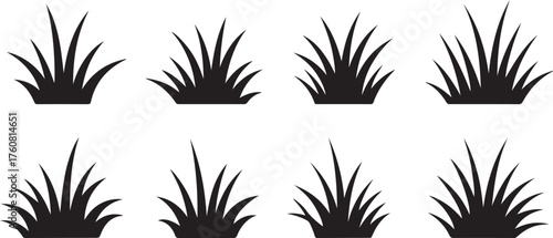 Collection of eight diverse black grass tuft silhouettes