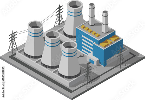 isometric power plant illustration, 3d industrial energy station, cooling towers and electricity transmission lines, modern nuclear plant, renewable energy facility