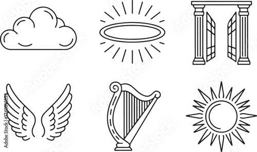 Heavenly symbols set cloud halo pillars wings harp sun