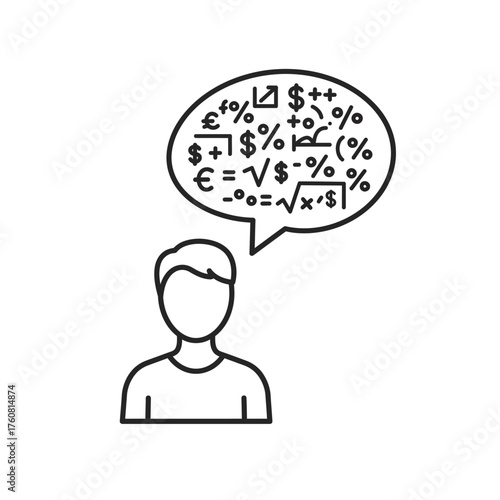 Person thinking with complex mathematical equations and symbols in a thought bubble.