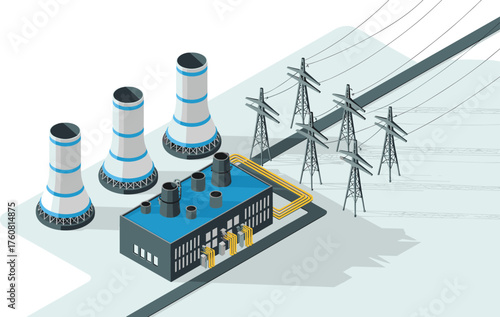 isometric power plant illustration, 3d industrial energy station, cooling towers and electricity transmission lines, modern nuclear plant, renewable energy facility
