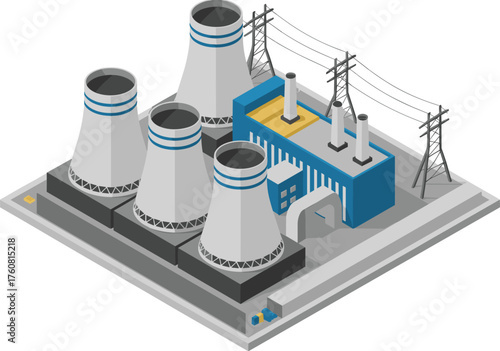 isometric power plant illustration, 3d industrial energy station, cooling towers and electricity transmission lines, modern nuclear plant, renewable energy facility