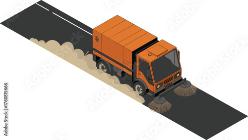 isometric street sweeper truck illustration, 3d city cleaning vehicle on road, municipal service equipment, urban sanitation and maintenance concept