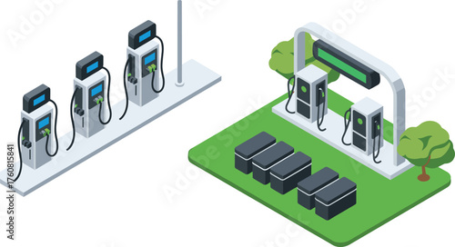 Modern electric vehicle charging station with battery swap system, eco friendly green energy technology, sustainable transportation future concept illustration