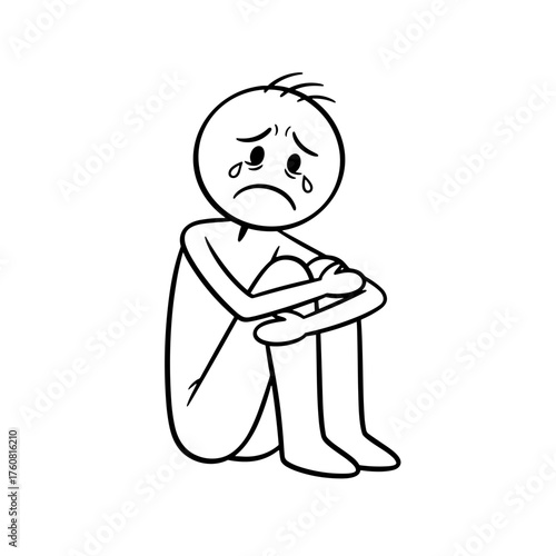 Sad stick figure sitting alone with tears on a white background  