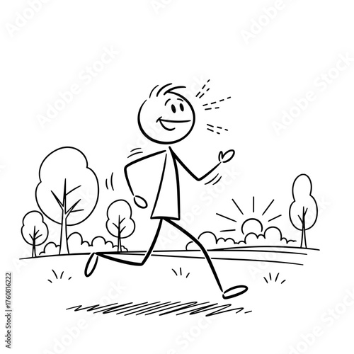 Stick figure running happily in a park during sunrise representing mental health  