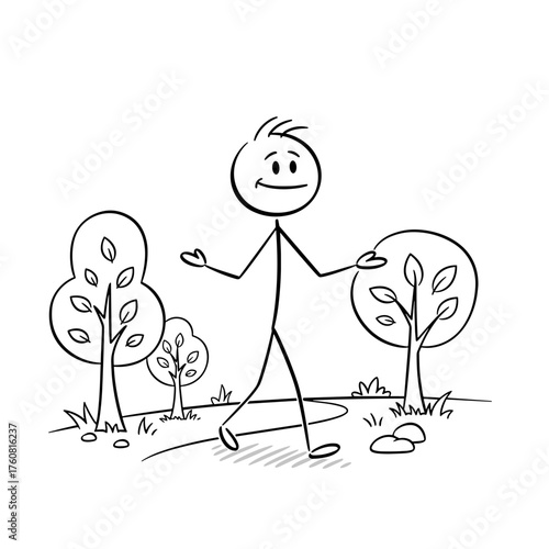 Stick figure walking in nature to relieve stress and promote mental health  