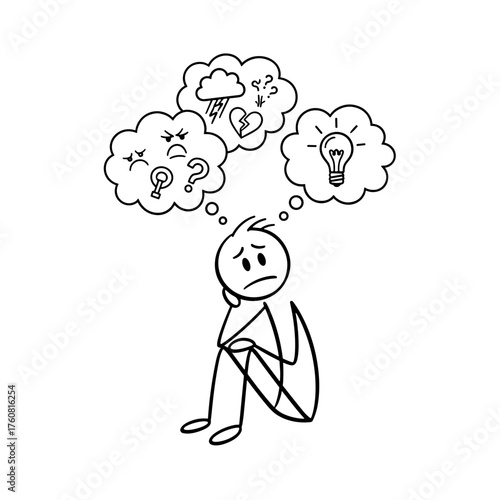 Stick figure sitting with worried expression and conflicting thoughts above  