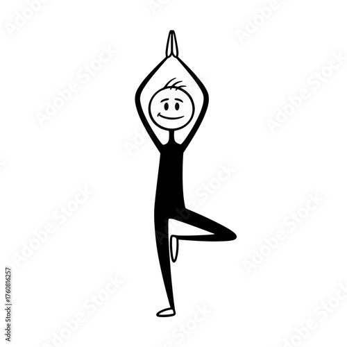 Stick figure practicing yoga in tree pose for mental health concept  