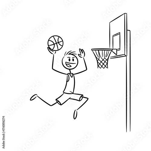 Stick figure jumping to score a basket while playing basketball  