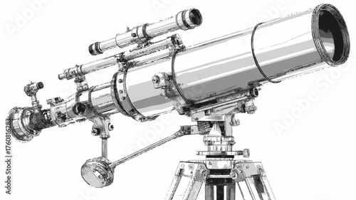 Detailed monochrome illustration of a vintage astronomical refractor telescope on a tripod, ideal for celestial observation and science education.