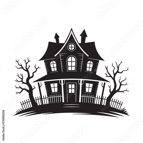 Vector art of silhouette of a spooky haunted house with bare trees and a picket fence, isolated on a, perfect for halloween themes