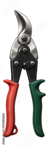 Curved aviation snips with non-slip grips for shaping metal roofing easily.
