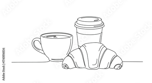 Savor the simple pleasures with coffee and a croissant, perfect for minimalist designs, cafe promotions, or adding a touch of warmth to your project. Line art illustration.