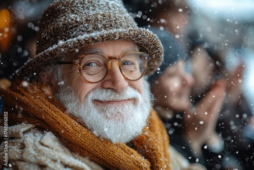 Older man in glasses and hat, standing in the snow.