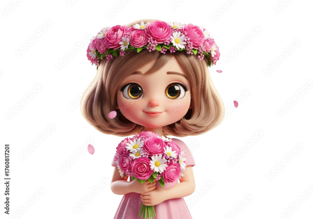 Fototapeta premium Cute cartoon girl with flower crown and bouquet isolated on transparent background
