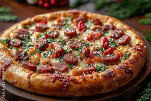 Sausage and tomato pizza on wooden board.