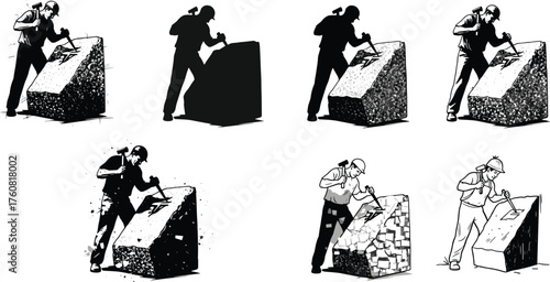 Vector illustration sequence of sculptor chiseling stone block, transformation process, self improvement, craftsmanship, creation, artistic development, growth, and perseverance