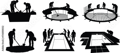 Silhouette vector illustration sequence of workers constructing swimming pool step by step, excavation, rebar, plaster, tiling, teamwork, labor, construction, infrastructure
