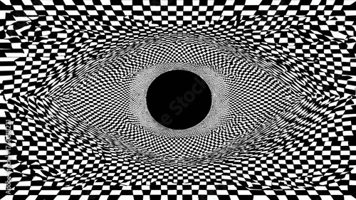 Abstract black and white checkerboard optical illusion creating a mesmerizing hypnotic tunnel vortex effect with a central void