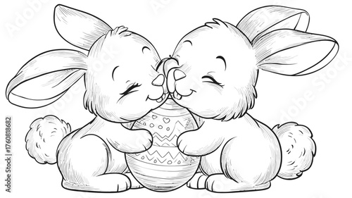 Cute cartoon bunnies holding a decorated Easter egg, sweet rabbit pair black and white outline drawing for coloring and spring holiday celebration.