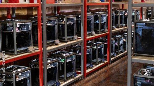 room with a large number of 3D printers, the creation of three-dimensional toys and parts in the production of 3 d. modern technologies, the design of 3D models. design engineers.