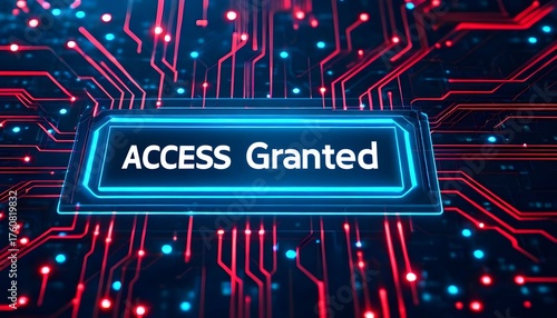 Access Granted on a circuit board with red and blue lights.
