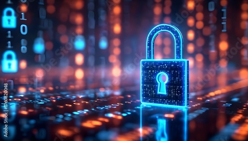 A glowing blue digital padlock symbolizing cybersecurity and data protection amidst abstract binary code and circuit patterns.