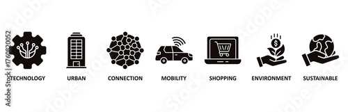 Smart city icon set vector illustration for technology, urban, connection, mobility, shopping, environment and sustainable