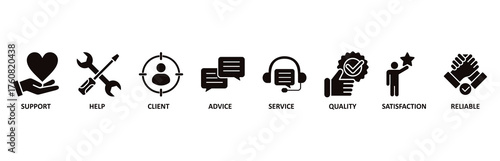 Customer care icon set vector illustration for customer support and telemarketing service with an icon of help, client, advice, chat, service, reliability, quality, and satisfaction