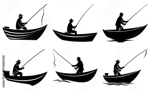 Silhouette illustrations of fishermen in boats holding fishing rods in various positions and boat styles