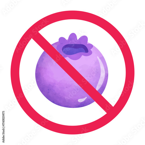 No blueberries sign, forbidden sign with blueberry icon, dont eat blueberries, negative effects of eating blueberries, disadvantages of blueberries, red crossed circle symbol, vector illustration
