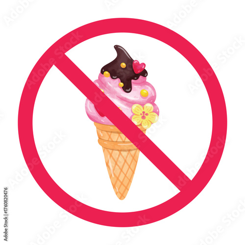 No ice cream sign, forbidden sign with ice cream icon, dont eat ice cream, negative effects of eating ice cream, disadvantages of eating ice cream, red crossed circle symbol, vector illustration