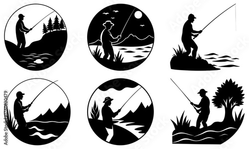 Silhouette illustrations of fishermen in oval frames with various outdoor backgrounds and fishing rods