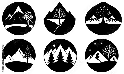 Collection of six black and white landscape designs featuring trees and mountains in oval and teardrop shapes