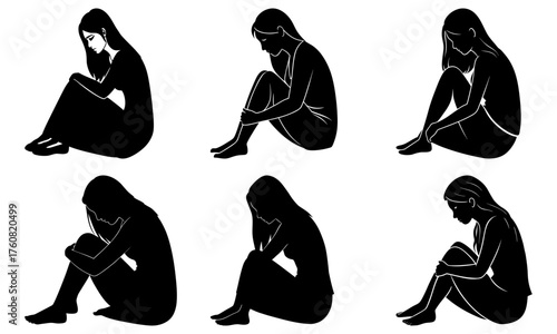 Six black silhouette illustrations of women sitting with knees drawn up to their chests on white background