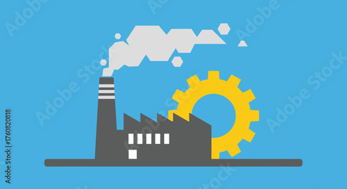 Manufacturing factory with smokestack and gear icon on blue background