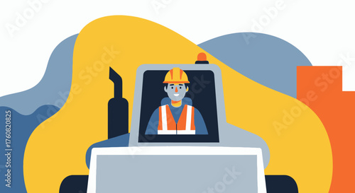 Smiling construction worker in heavy machinery Industrial building or urban development concept