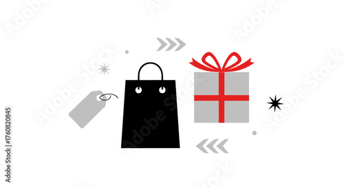 Retail sale illustration Black shopping bag gift box and price tag vector icon
