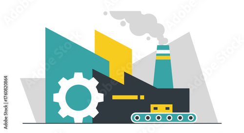 Industrial factory production concept illustration with smokestack and gear
