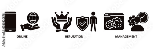 ORM icon set vector illustration for online reputation management with icon of internet, browser, winner, trust, favorite, and business