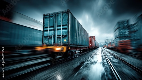 A dynamic scene depicting speeding freight trains along a wet, reflective railway track under a moody, cloudy sky.