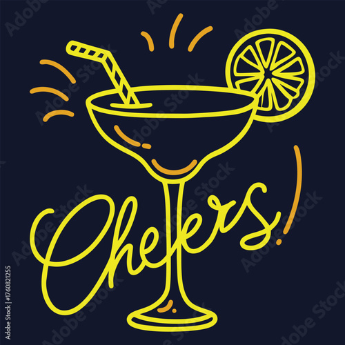 Hand drawn illustration of a refreshing margarita cocktail in a classic glass perfect for summer drinks and bar menus