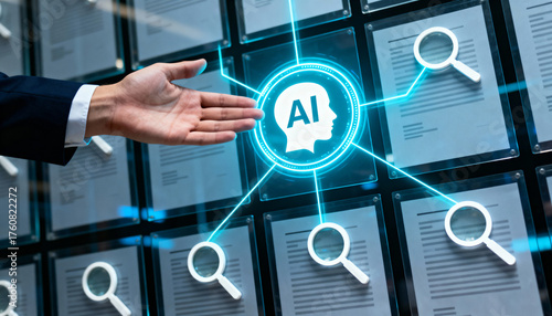 AI Technology Interaction, Business Office, Digital Illustration, Modern Workspace, Network Visualization Concept