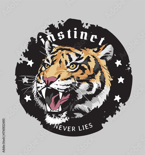 instinct slogan with roaring tiger head vector illustration - hand drawn