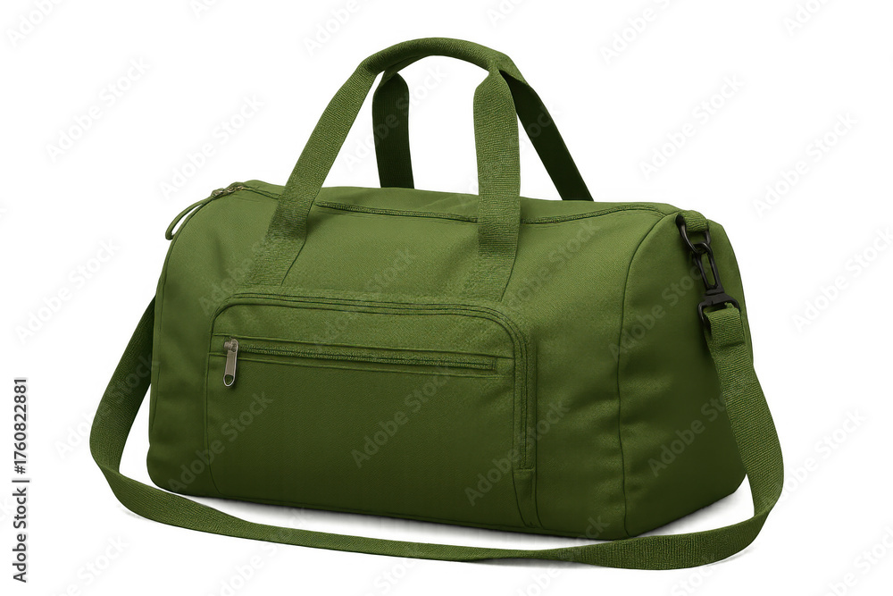 Naklejka premium Green canvas duffel bag featuring carrying handles and a detachable shoulder strap, useful for travel and fitness