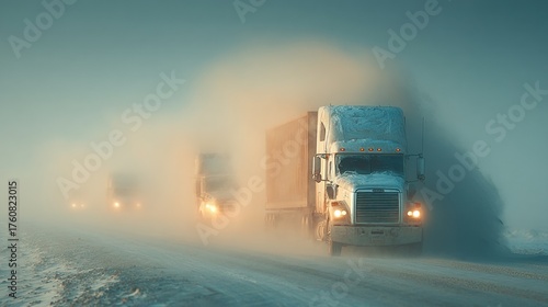 Trucks navigating through a snowy, foggy landscape, showcasing the challenges of winter driving conditions.